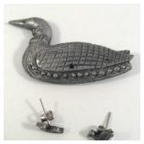 Pewter duck pin and earring set