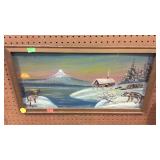 Painting on board, mountain creek scene with deer