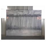 Large oil on canvas painting of trees and water