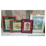 Floral prints - four framed & matted, 10 x 13 to