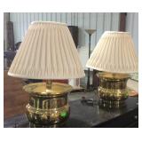 Pair of brass table lamps with shades One shade