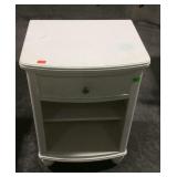 White single drawer nightstand has use wear
