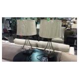 Table lamps, pair of metal based with cloth shades