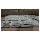 Curtain panels, blue/green scrolls on white