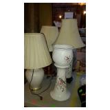 Three lamps and one ceramic planter with matching