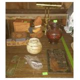 Home decor - brass lamp, recipe box, welcome