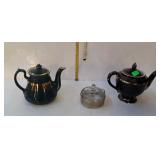 Two Hall teapots, and one covered glass dish with