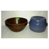 Pottery lot, blue covered baking dish, plus brown