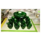 23 pc green glass punch bowl set, punch bowl with