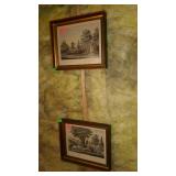 Two framed prints of people riding horses, 14 by