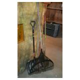 Long handled tools, includes rake, snow shovel