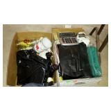 Two box lots with purses, cups, adding machine,