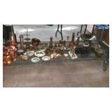 Bottom shelf lot - Brass & copper items,