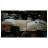 Middle shelf lot - linens, bedspread, throw