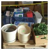 Skid lot, includes trash cans, artificial plants