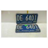 1971 Maryland license plates, pair DE 6401-