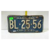 1963 Maryland license plates, single - BL- 25-56