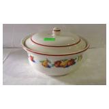Harker Pottery covered bowl with fruit designs -