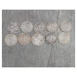 10 Walking Liberty SILVER Half Dollars