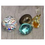 Stone egg and 3 Glass Paperweight items