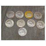 9 Kennedy 40% SILVER Half Dollars