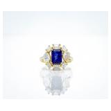 14K Yellow Gold 4.10ct Sapphire Diamond Halo Ring