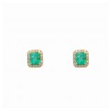14k Gold Green Emerald Diamond Halo Stud Earrings