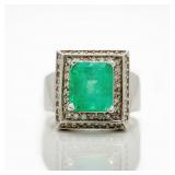 18k White Gold Natural Emerald Diamond Halo Ring