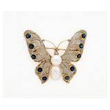 18k Gold Butterfly Brooch w/ Diamond & Sapphire
