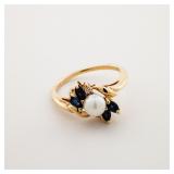 Vintage 14kt Gold Sapphire Pearl Cocktail Ring