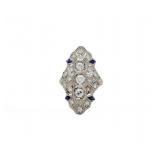 Antique Deco Platinum Sapphire Diamond Shield Ring
