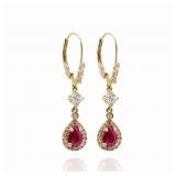 14k Gold Natural Ruby Diamond Dangle Drop Earrings