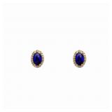14K Gold Oval Sapphire Diamond Halo Stud Earrings