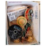 Box of craft items floral arrangements tape wire
