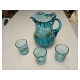 Victorian blue hand painted pitcher and 3 glasses