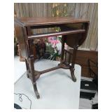 Mahogany drop leaf table, missing drawer.