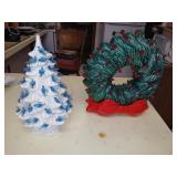 2 vtg ceramic Christmas tree and wreath lighted