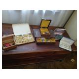5 jewelry boxes with contents earrings pins more