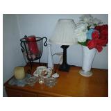 Contents of dresser in bedroom, lamp candles more