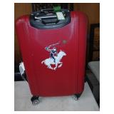 red hard suitcase with polo pony missing wheel.