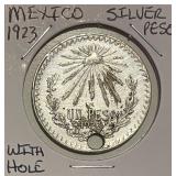 Mexico 1923 Silver Peso - damaged with hole