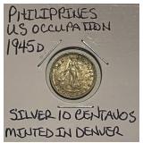 Philippines 1945D Silver 10 Centavos