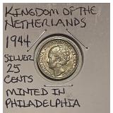 Netherlands 1944P Silver 25 Cents