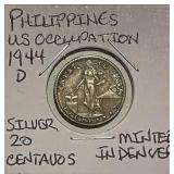 Philippines 1944D Silver 20 Centavos