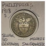 Philippines 1918S Silver 50 Centavos