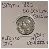 Spain 1880 Silver 50 Centimos - very nice