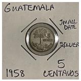 Silver 1958 Guatemala 5 Centavos