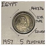 Silver 1957 Egypt 5 Piastres