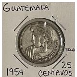 Silver 1954 Guatemala 25 Centavos