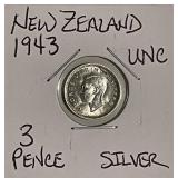 Silver UNC 1943 N.Z. 3 Pence